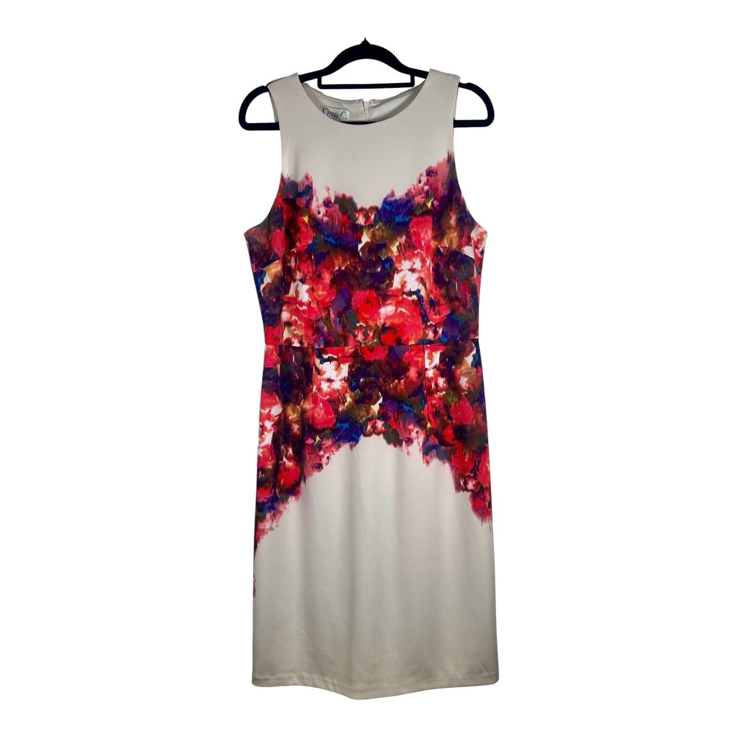 Maggie L Women's Dress Cream Red Pink Sheath Lined Sleeveless Midi Size 10